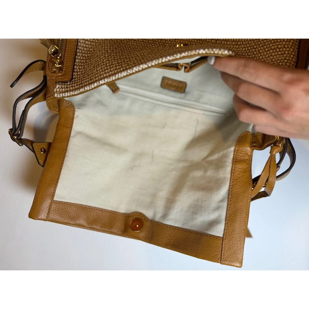 Aimee Kestenberg Bali Double Entry Leather Hobo Bag Raffia Latte Tan Brown OS